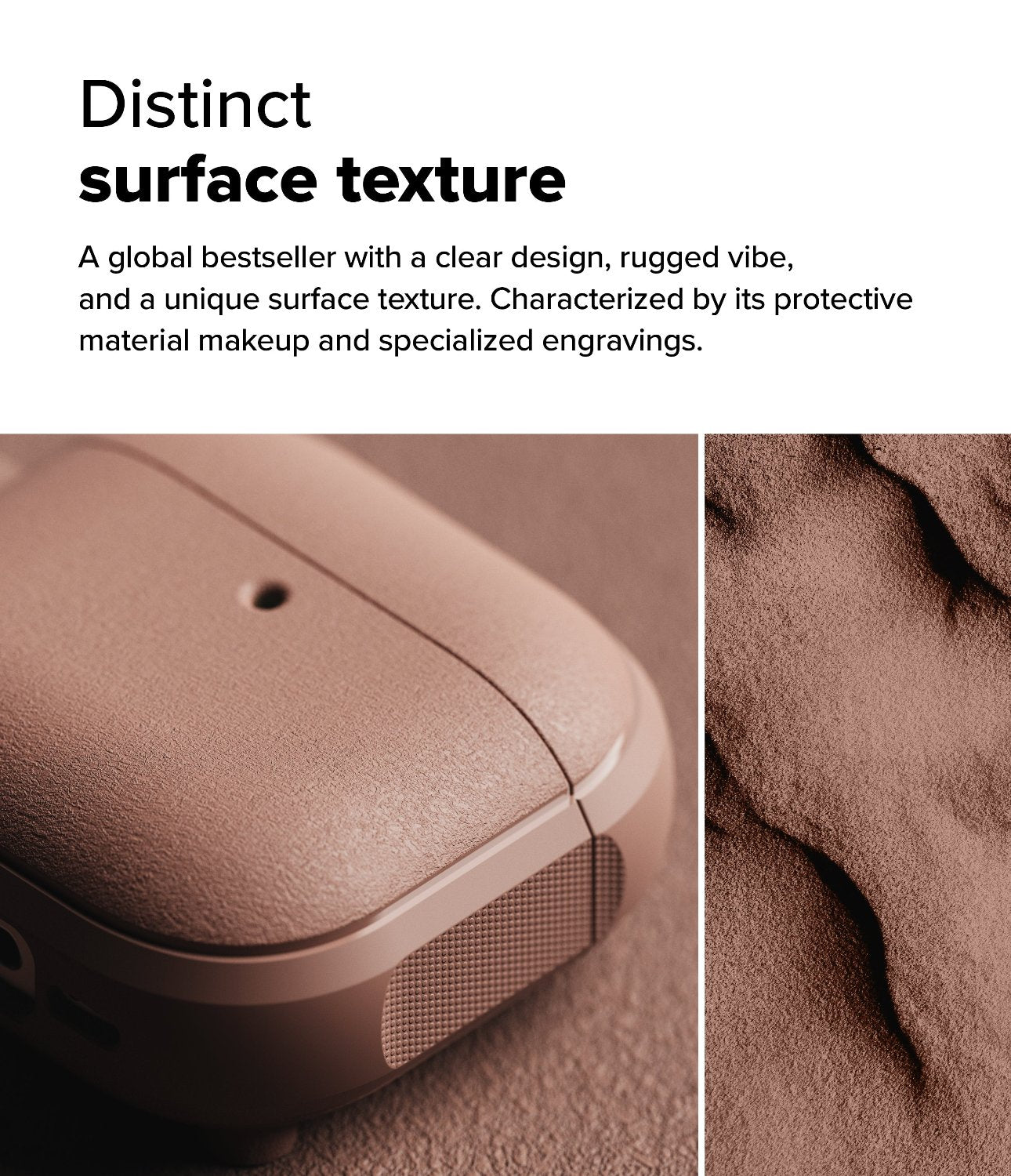AirPods 4 Case | Onyx Magnetic - Close-up of a textured, matte brown AirPods case next to a rugged, sandy surface.