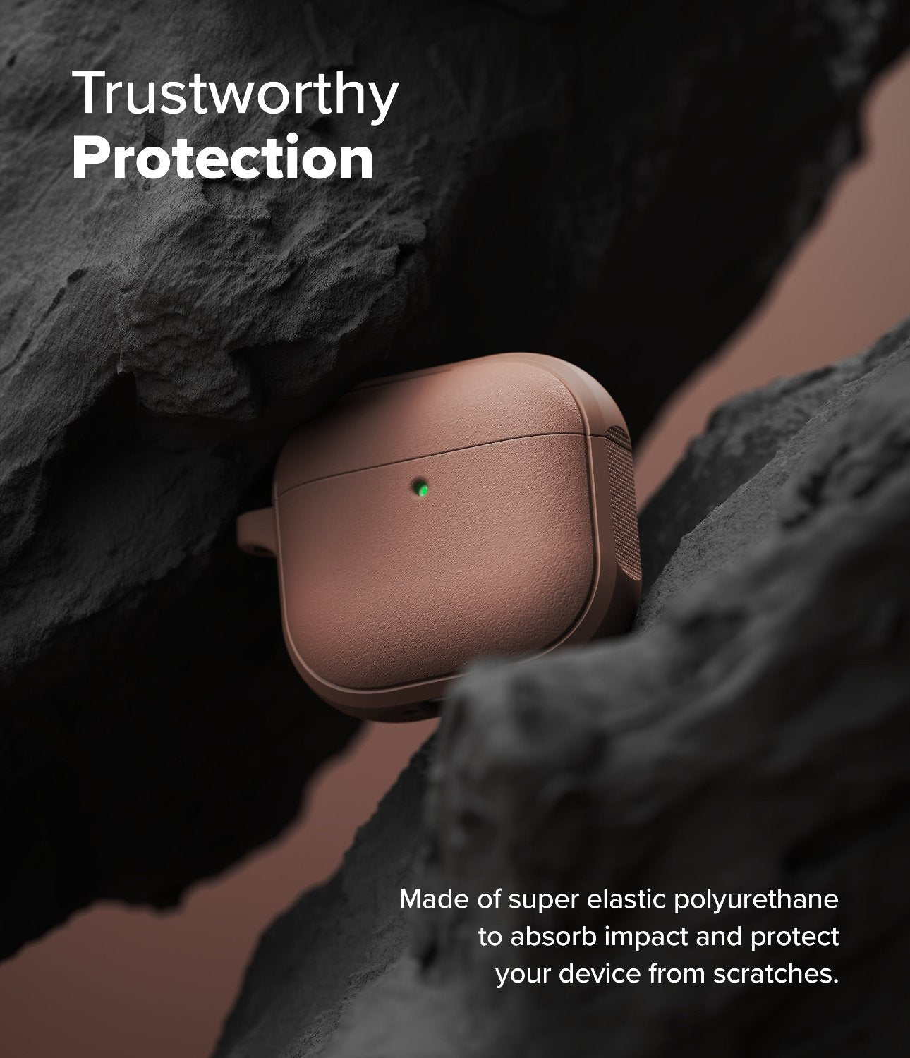 AirPods 4 Case | Onyx Magnetic - A matte brown AirPods 4 case nestled between jagged dark rocks with a glowing green status light.
