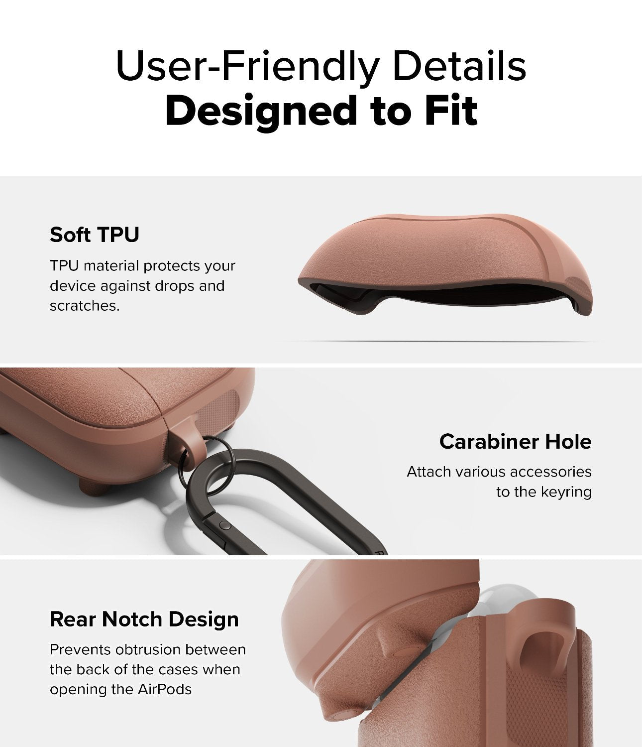 AirPods 4 Case | Onyx Magnetic - Infographic showing soft TPU material, carabiner hole, and rear notch design for AirPods 4.