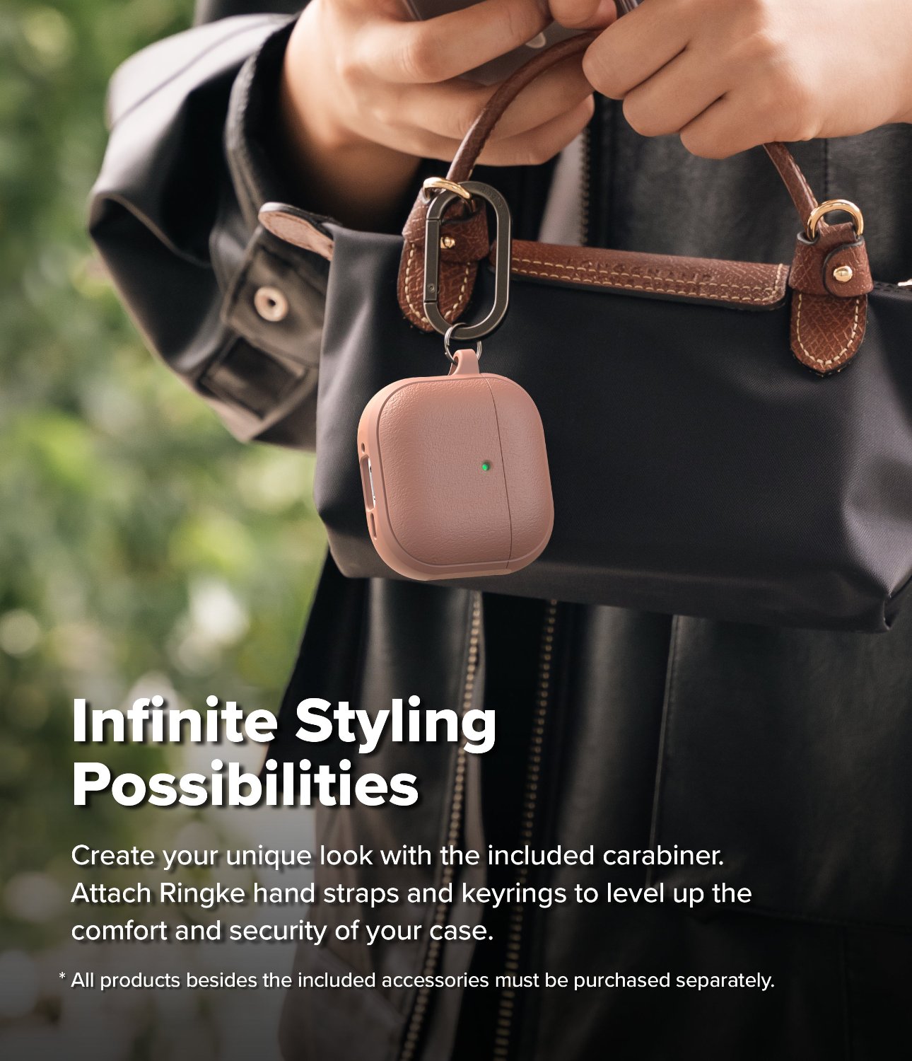 AirPods 4 Case | Onyx Magnetic - A dusty rose AirPods 4 case with a carabiner attached to a black handbag held by a person.