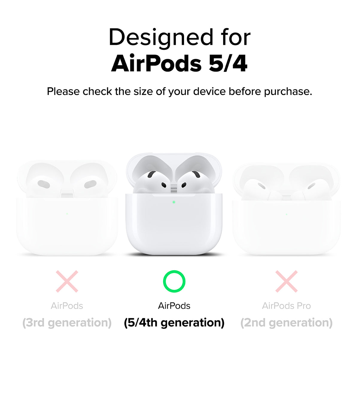 AirPods 5 / 4 Case | Onyx Magnetic - White wireless earbuds in an open charging case on a white background, with text above reading 'Designed for AirPods 5 & AirPods 4' and text below indicating compatibility with 4th and 5th generation AirPods.