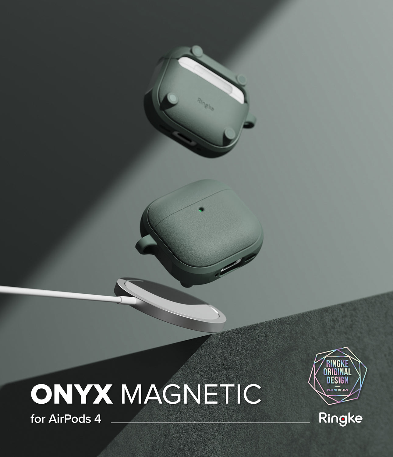 AirPods 4 Case | Onyx Magnetic - Two sage green AirPods 4 cases floating above a magnetic wireless charger on a dark surface.