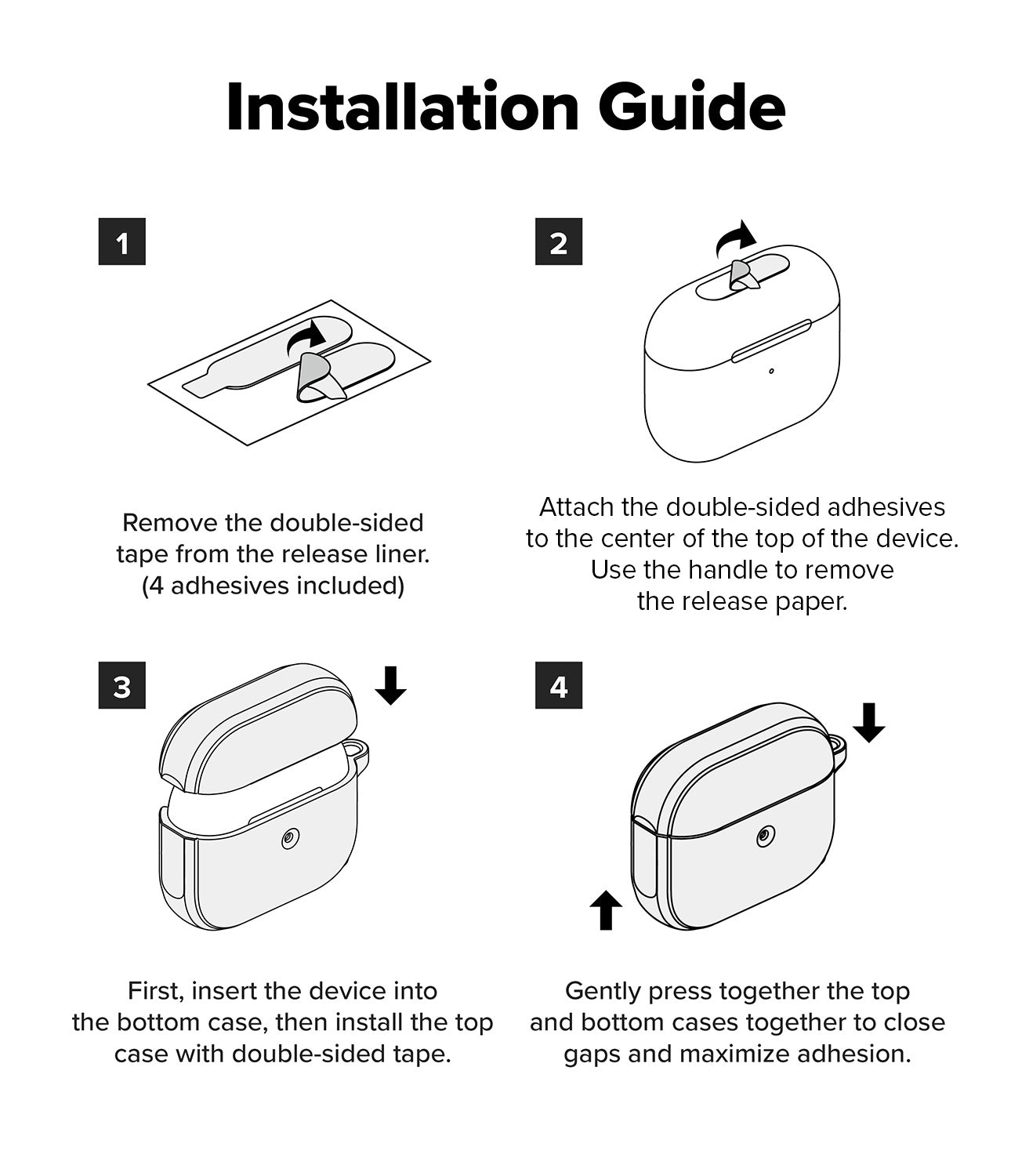 AirPods 4 Case | Onyx Magnetic - Four-step illustrated guide showing how to apply adhesive strips and install the protective case.