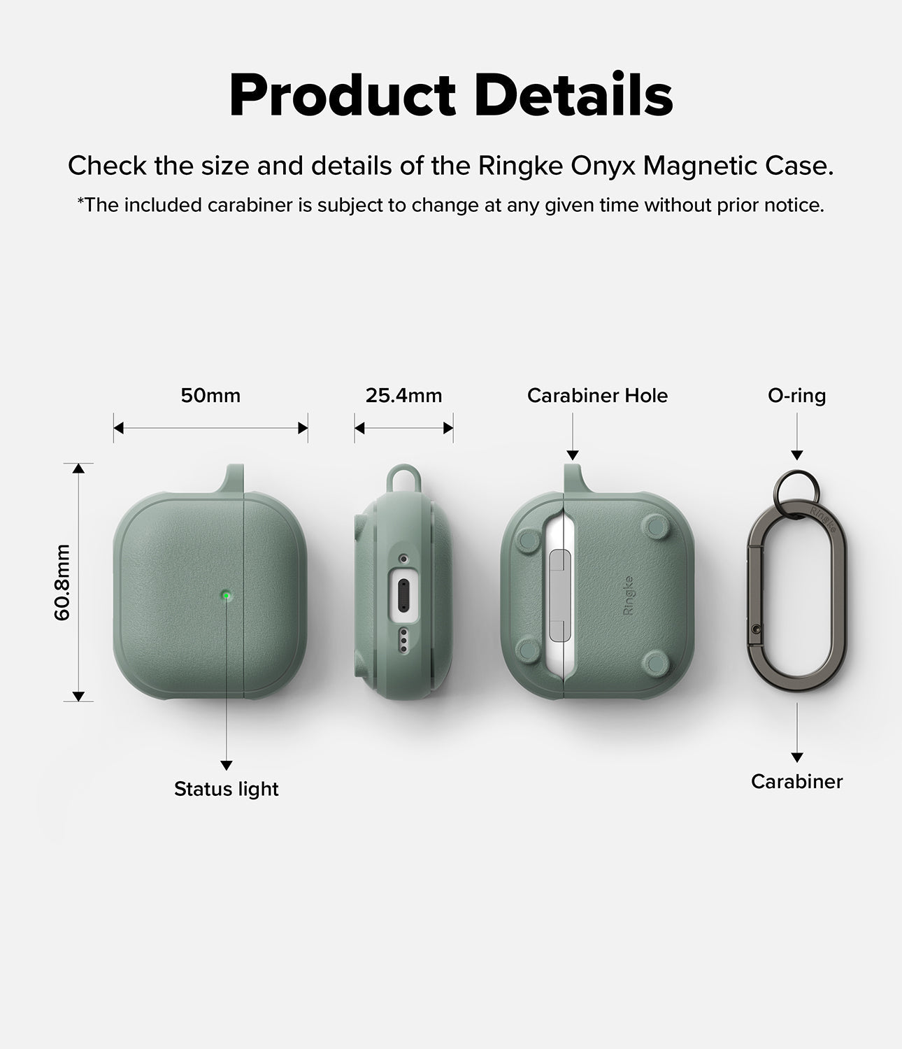 AirPods 4 Case | Onyx Magnetic - Technical diagram showing dimensions and features of the sage green AirPods 4 case.
