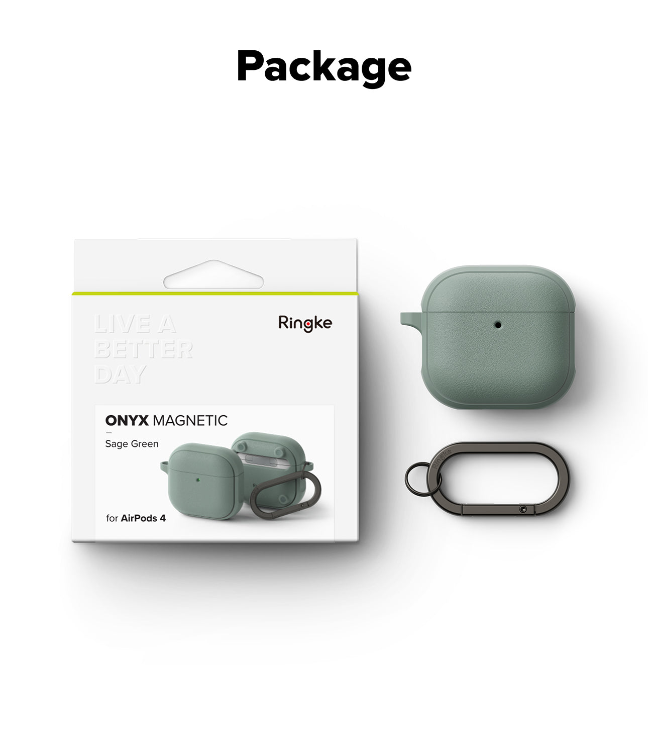 AirPods 4 Case | Onyx Magnetic - Sage green AirPods 4 case, matching carabiner, and retail packaging box on white background.