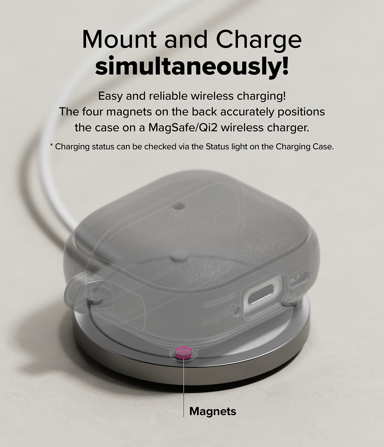 AirPods 4 Case | Onyx Magnetic - Translucent AirPods 4 case charging on a magnetic wireless dock with highlighted magnets.