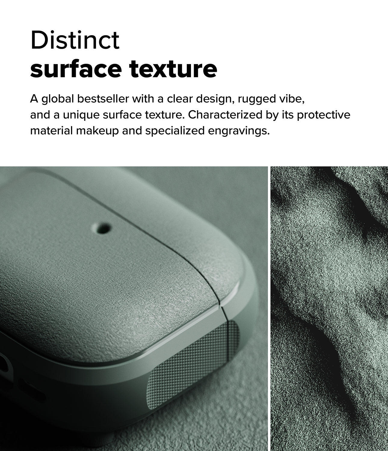 AirPods 4 Case | Onyx Magnetic - Close-up of a textured, matte-finish AirPods case next to a zoomed-in view of its rugged surface.