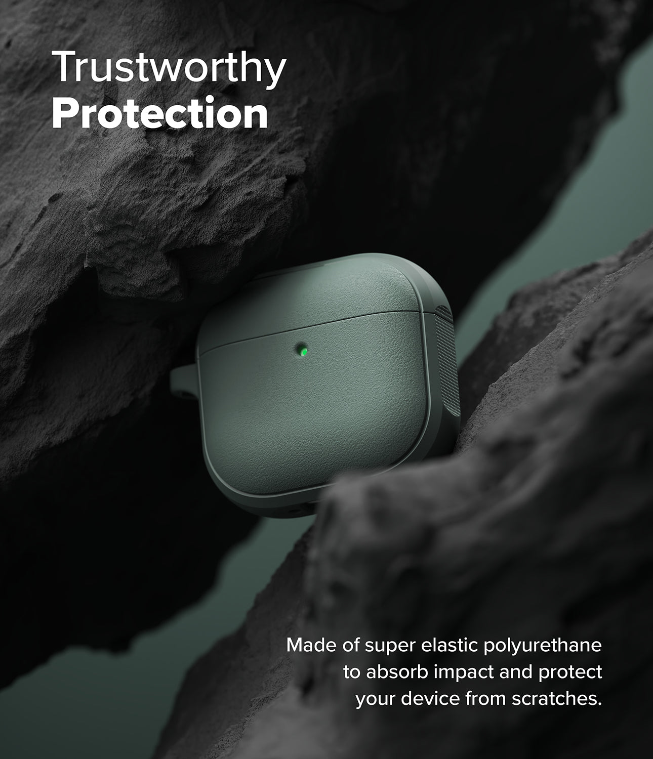 AirPods 4 Case | Onyx Magnetic - Matte green AirPods 4 case nestled between dark, rugged rock formations with a glowing status light.