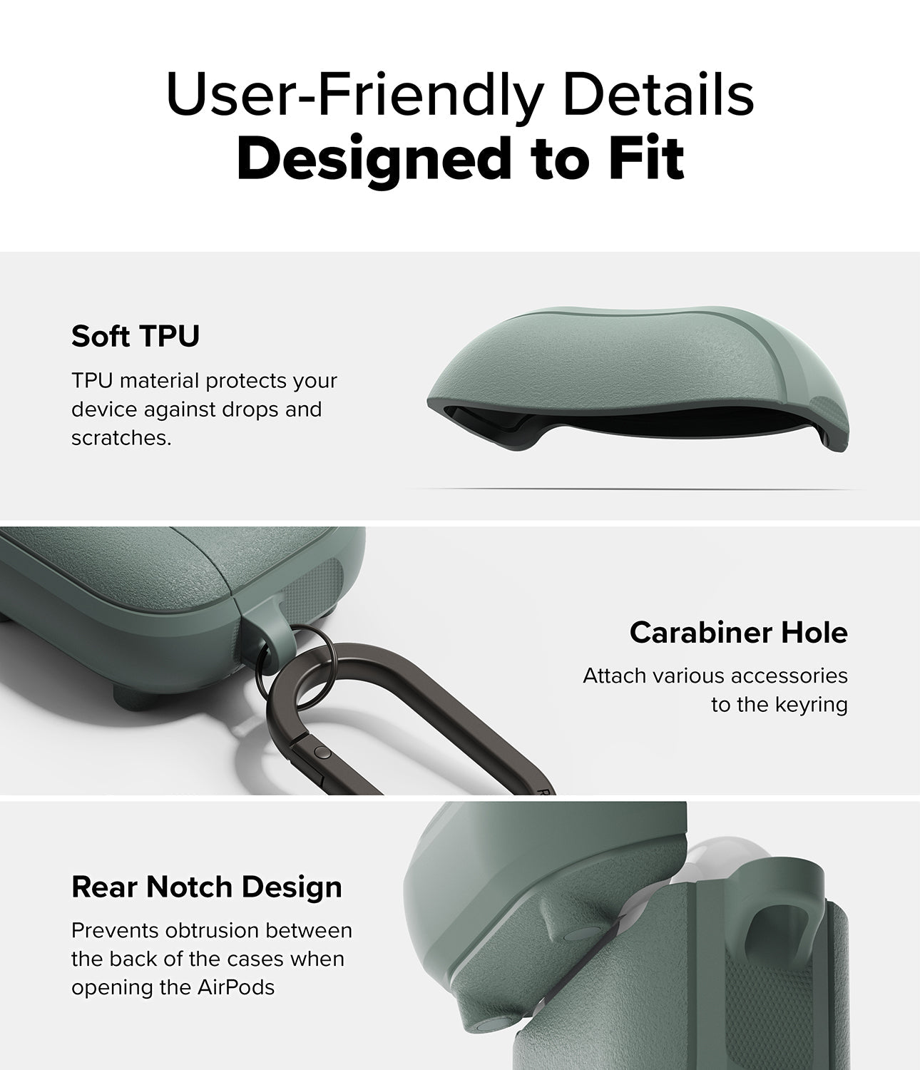 AirPods 4 Case | Onyx Magnetic - Infographic showing soft TPU, carabiner hole, and rear notch design features of the case.