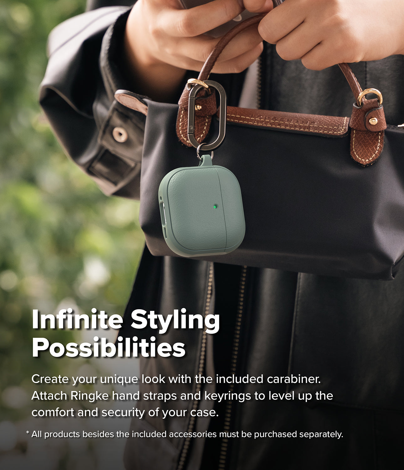 AirPods 4 Case | Onyx Magnetic - Sage green AirPods 4 case with a carabiner attached to a black handbag held by a person.