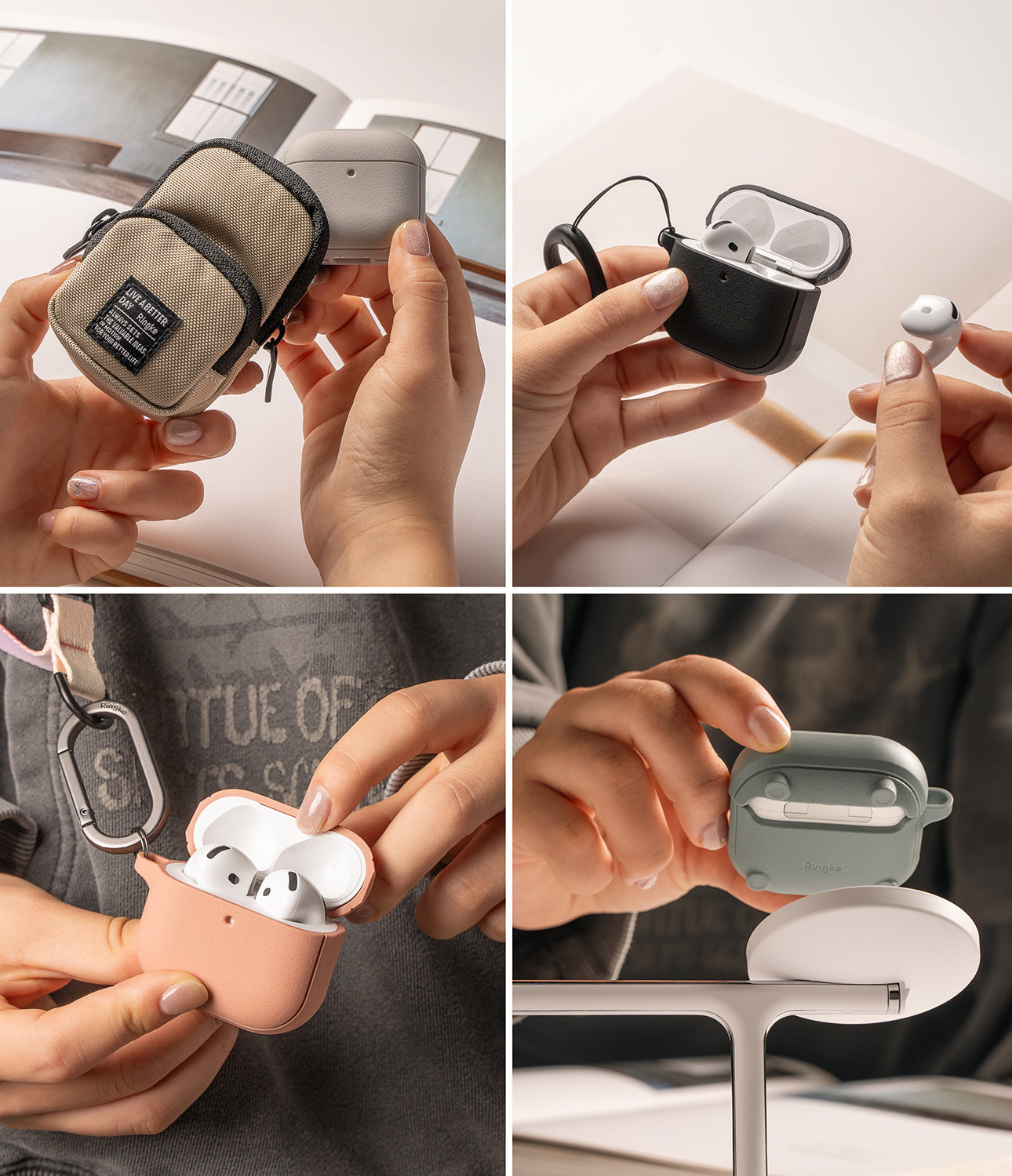 AirPods 4 Case | Onyx Magnetic - Four-panel collage showing AirPods 4 cases in various colors, textures, and magnetic charging.