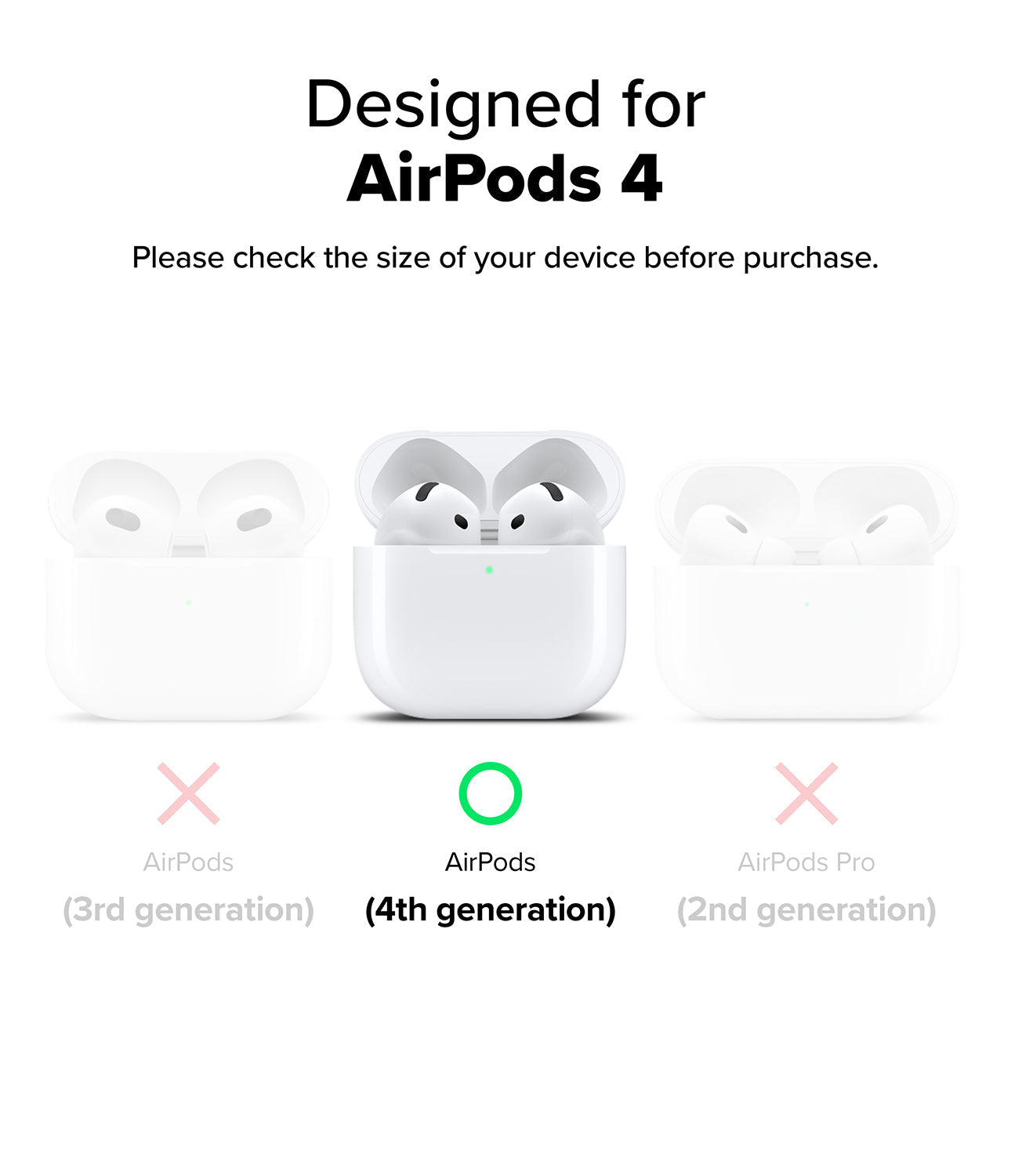 AirPods 4 Case | Onyx Magnetic - Comparison chart showing AirPods 4 is the only compatible model among three versions.
