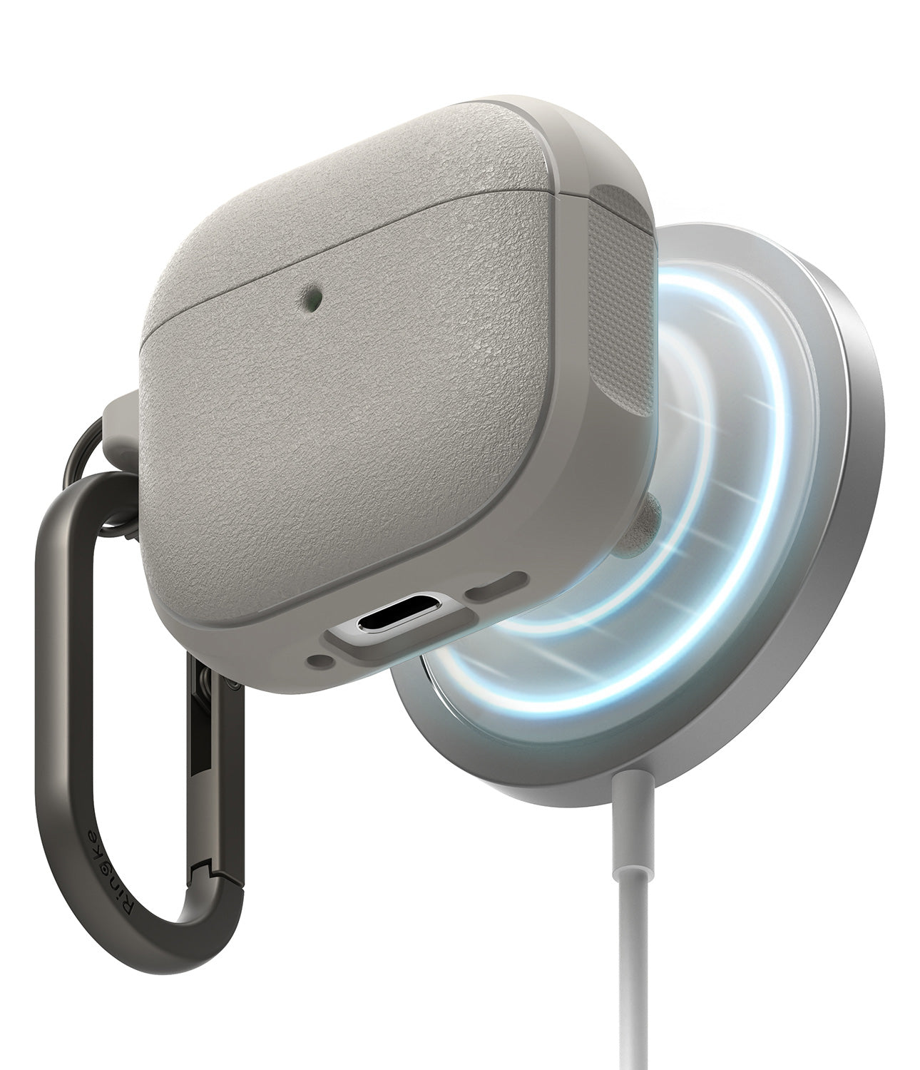 AirPods 4 Case | Onyx Magnetic - Textured grey AirPods 4 case magnetically attached to a glowing wireless charger.