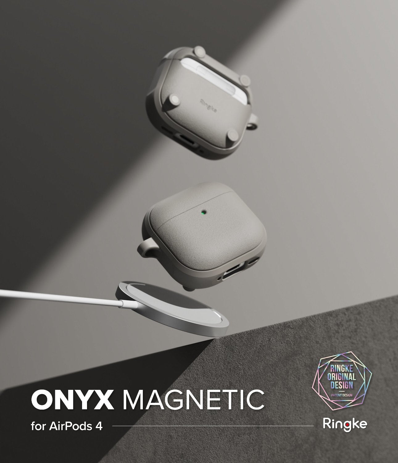 AirPods 4 Case | Onyx Magnetic - Two gray AirPods 4 cases floating above a magnetic wireless charger on a gray background.