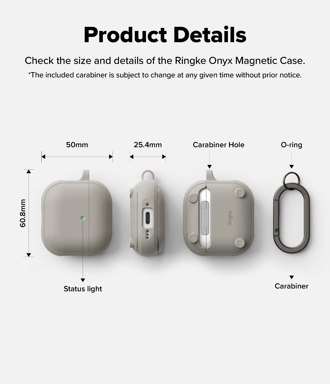 AirPods 4 Case | Onyx Magnetic - Technical diagram showing dimensions and features of the gray protective case and carabiner.