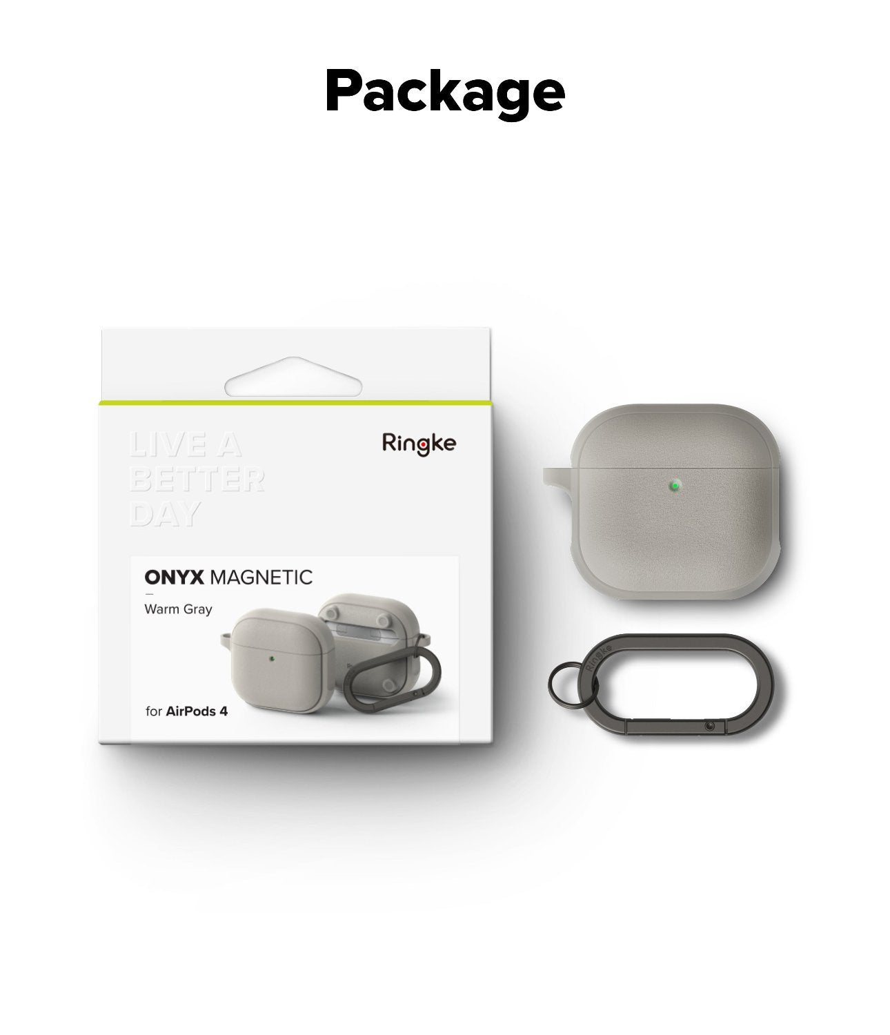AirPods 4 Case | Onyx Magnetic - Warm gray AirPods 4 case with a black carabiner next to its retail packaging box.