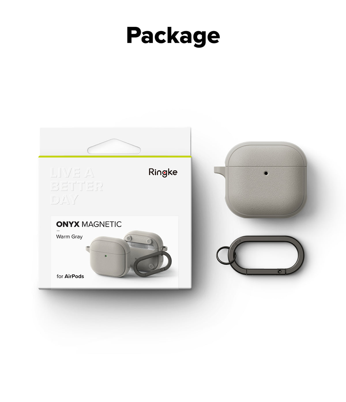 AirPods 5 / 4 Case | Onyx Magnetic - Warm gray AirPods 4 case with a black carabiner next to its retail packaging box.