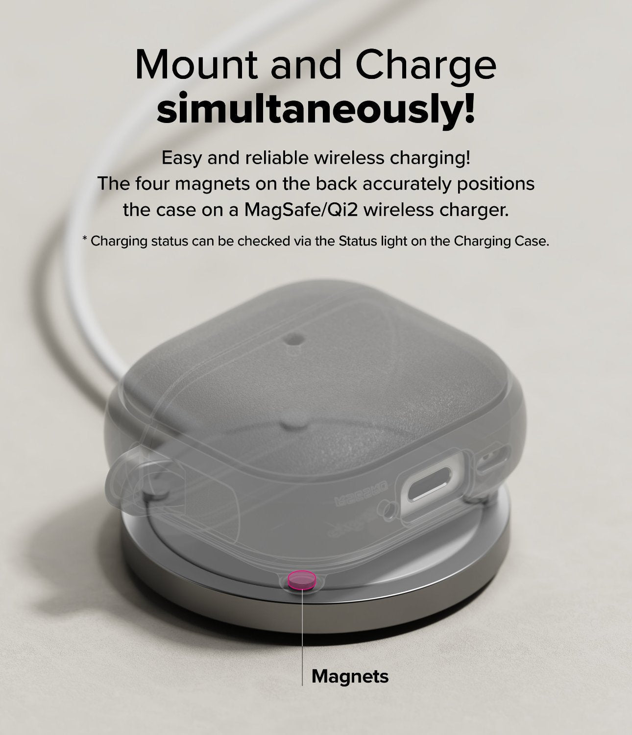 AirPods 4 Case | Onyx Magnetic - AirPods 4 case on a wireless charger with a highlighted magnet and explanatory text.