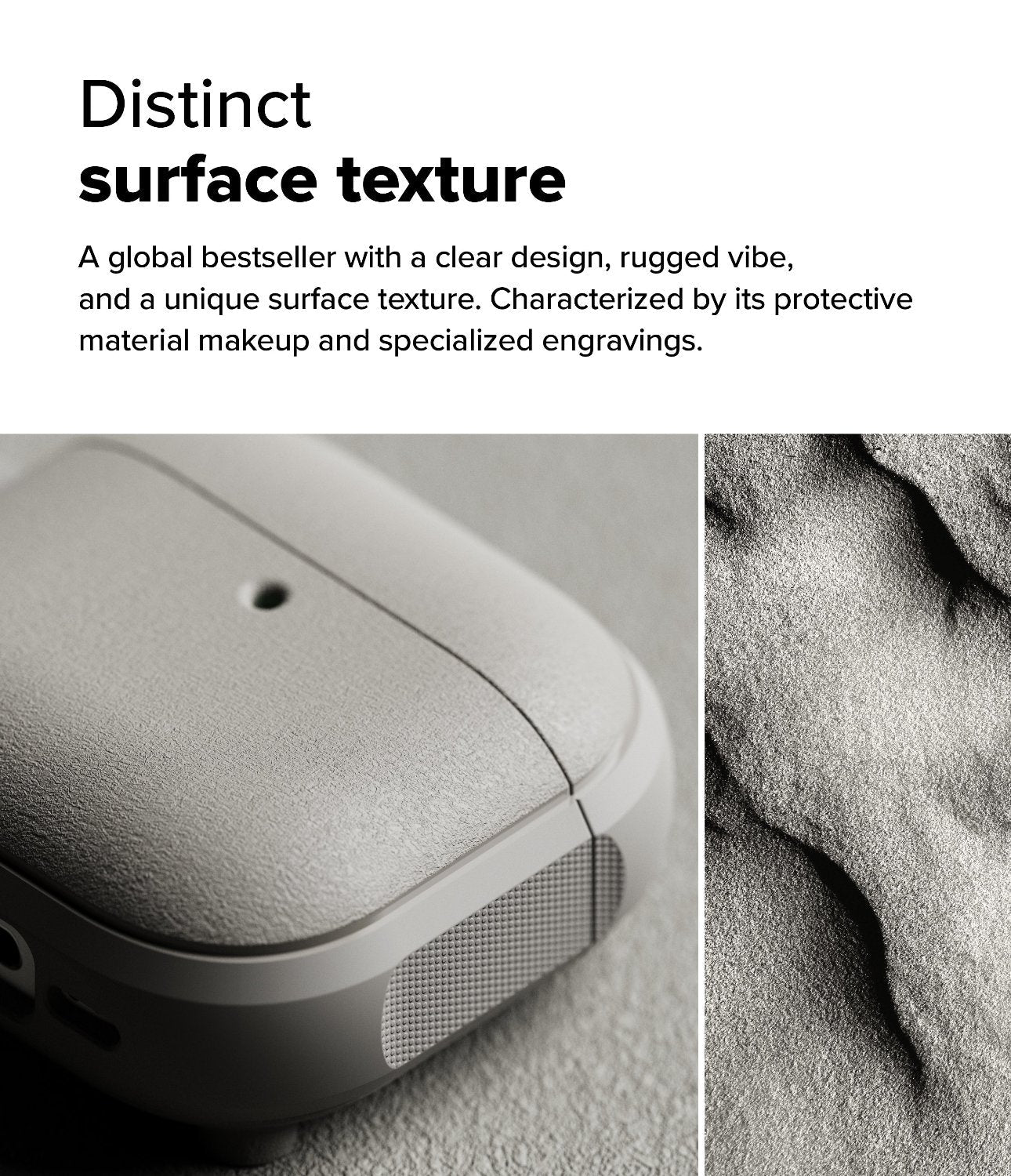 AirPods 4 Case | Onyx Magnetic - Close-up of a textured grey AirPods 4 case next to a sand-like surface texture detail.