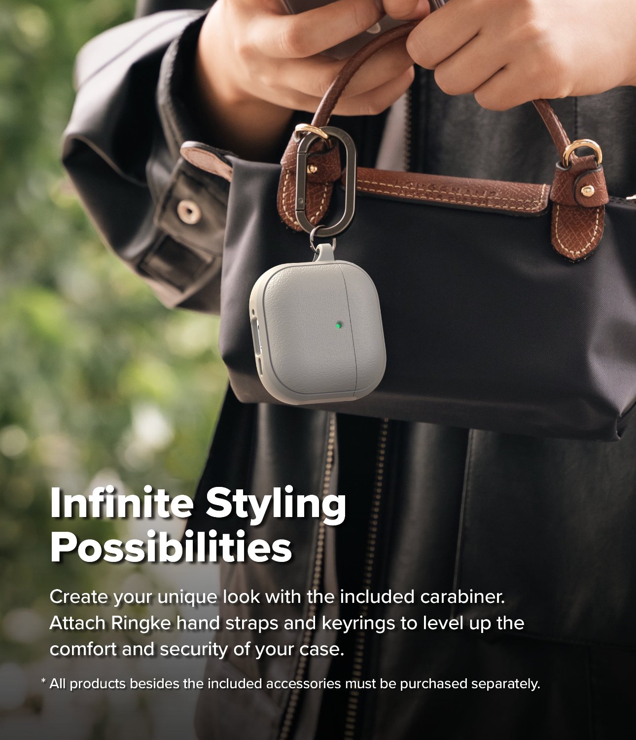 AirPods 4 Case | Onyx Magnetic - A grey AirPods 4 case with a carabiner hanging from a black handbag held by a person.