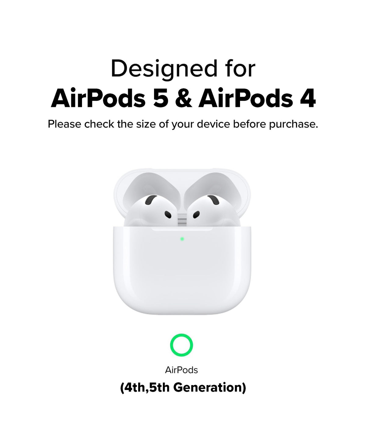 AirPods 5 / 4 Case | Onyx Magnetic - White wireless earbuds in an open charging case on a white background, with text above reading 'Designed for AirPods 5 & AirPods 4' and text below indicating compatibility with 4th and 5th generation AirPods.
