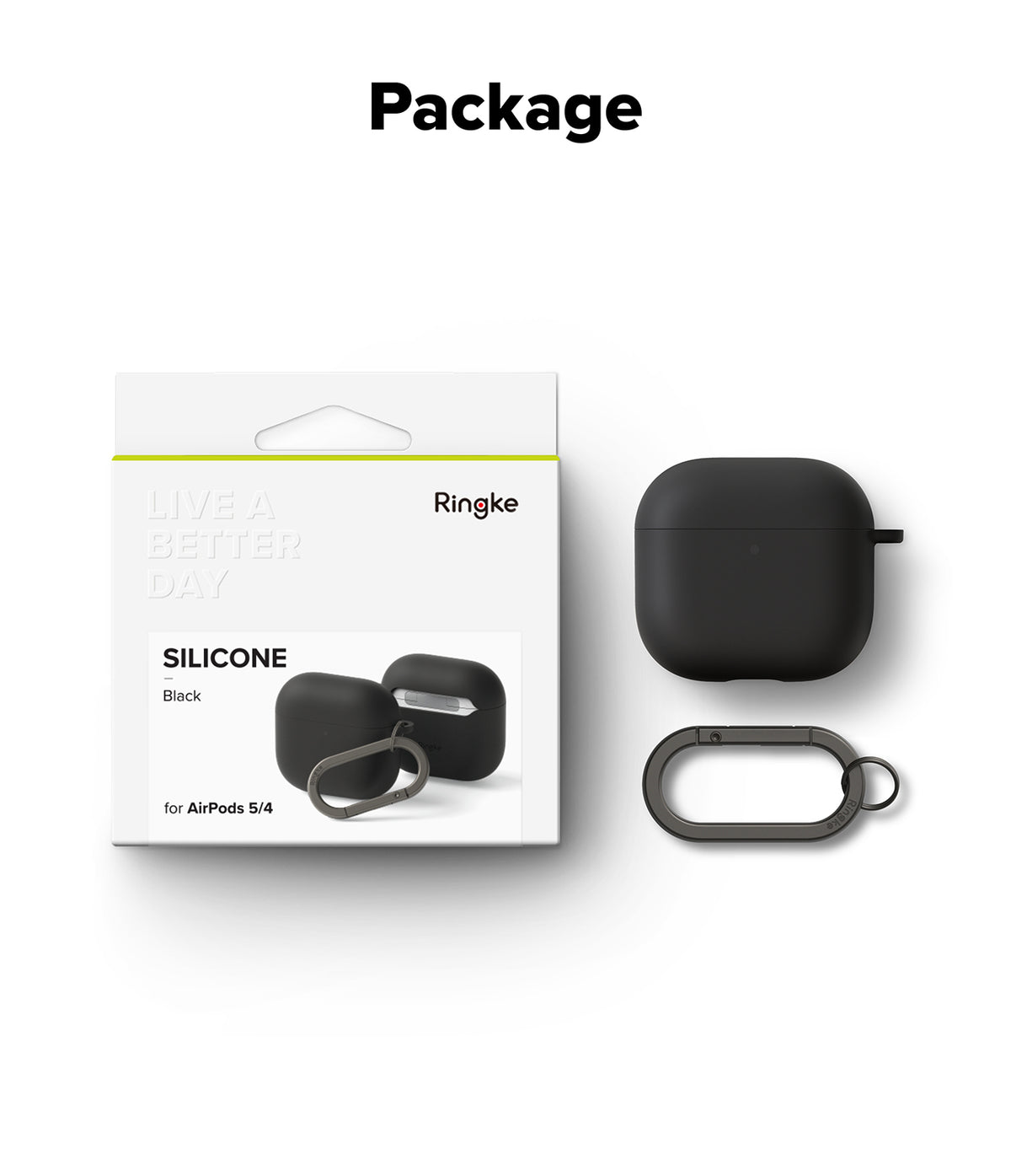 AirPods 5 / 4 Case | Silicone Case - AirPods 4 Case - Black silicone case for AirPods 4 with a matching carabiner, shown in its retail packaging.