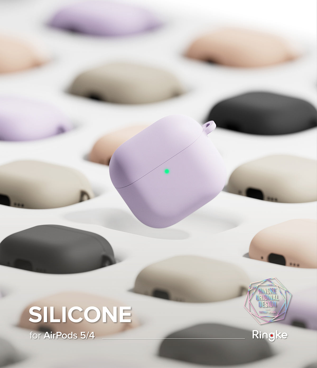 AirPods 5 / 4 Case | Silicone Case - AirPods 4 Case - A lavender silicone case floats above a grid of various colored AirPods 4 cases on a white background.