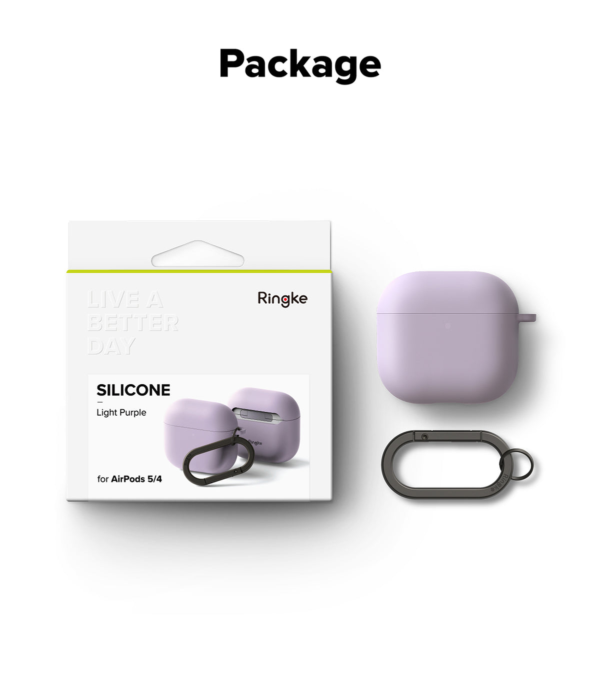 AirPods 5 / 4 Case | Silicone Case - Light purple silicone case for AirPods 4 with a black carabiner in retail packaging.