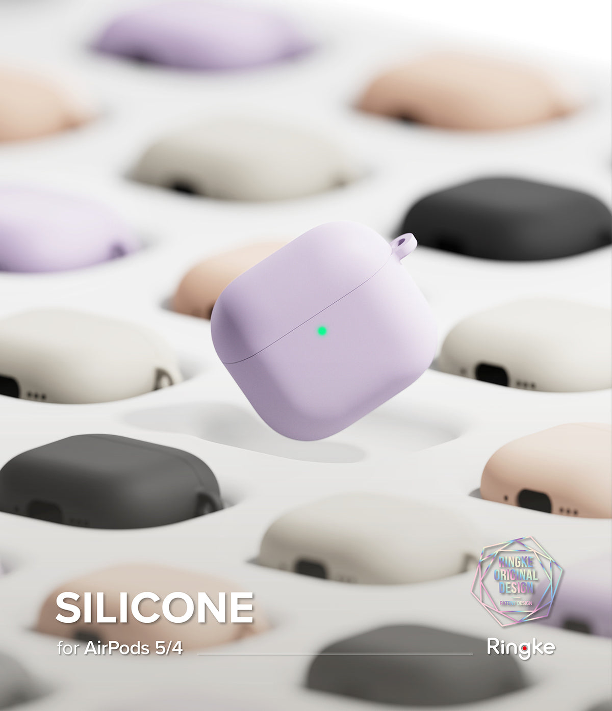 AirPods 5 / 4 Case | Silicone Case - AirPods 4 Case - A lavender silicone AirPods 4 case floats above a grid of various colored cases on a white surface.