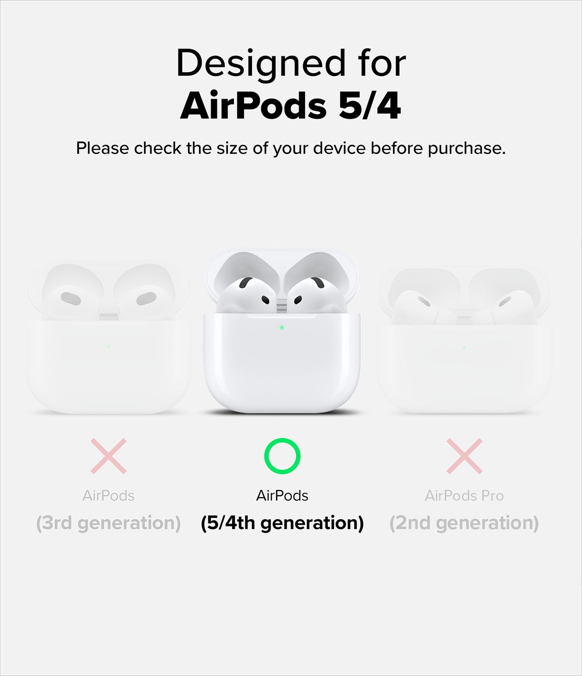 AirPods 5 / 4 Case | Silicone Magnetic - White wireless earbuds in an open charging case on a white background, with text above reading 'Designed for AirPods 5 & AirPods 4' and text below indicating compatibility with 4th and 5th generation AirPods.