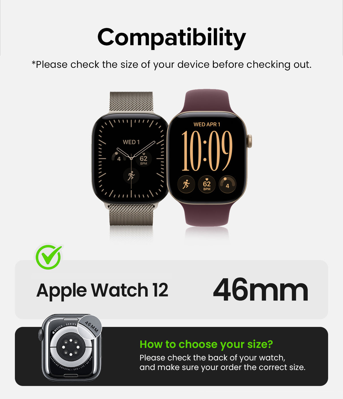 Apple Watch 12 46mm | Slim (2P) - Compatibility graphic for an Apple Watch 12 showing two watch faces side by side on a light gray background, with text stating 46mm size and a note that it is not compatible with Ceramic models.