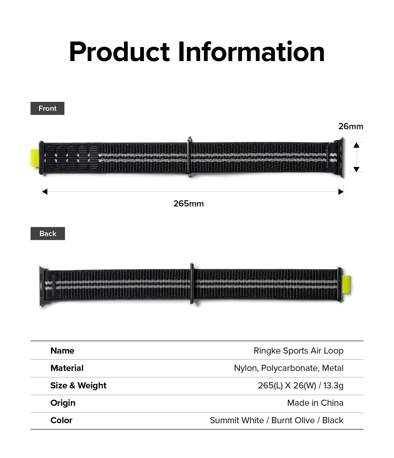 Apple Watch 49mm / 45mm / 44mm / 42mm | Sports Air Loop Watch Band Black, Olive, White - Cooling sports watchband with the hook and loop fastener