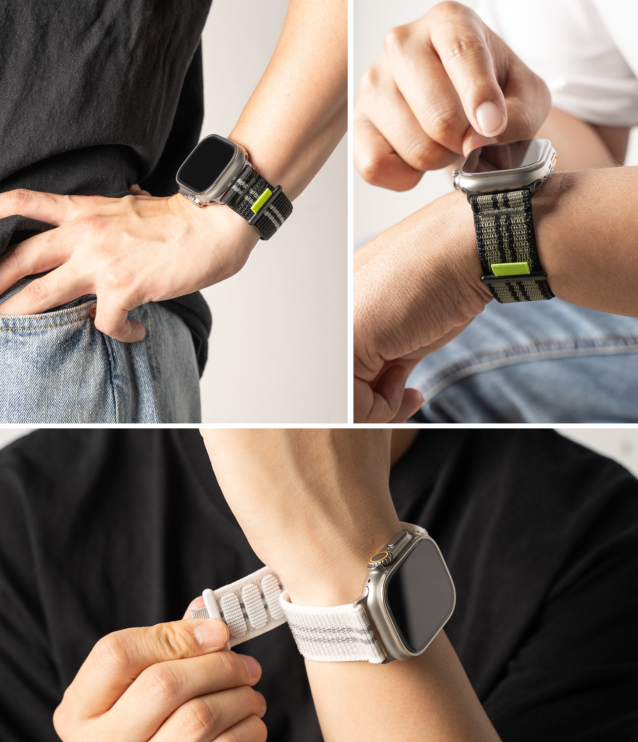 Apple Watch 49mm / 45mm / 44mm / 42mm | Sports Air Loop Watch Band Black, Olive, White - Cooling sports watchband with the hook and loop fastener