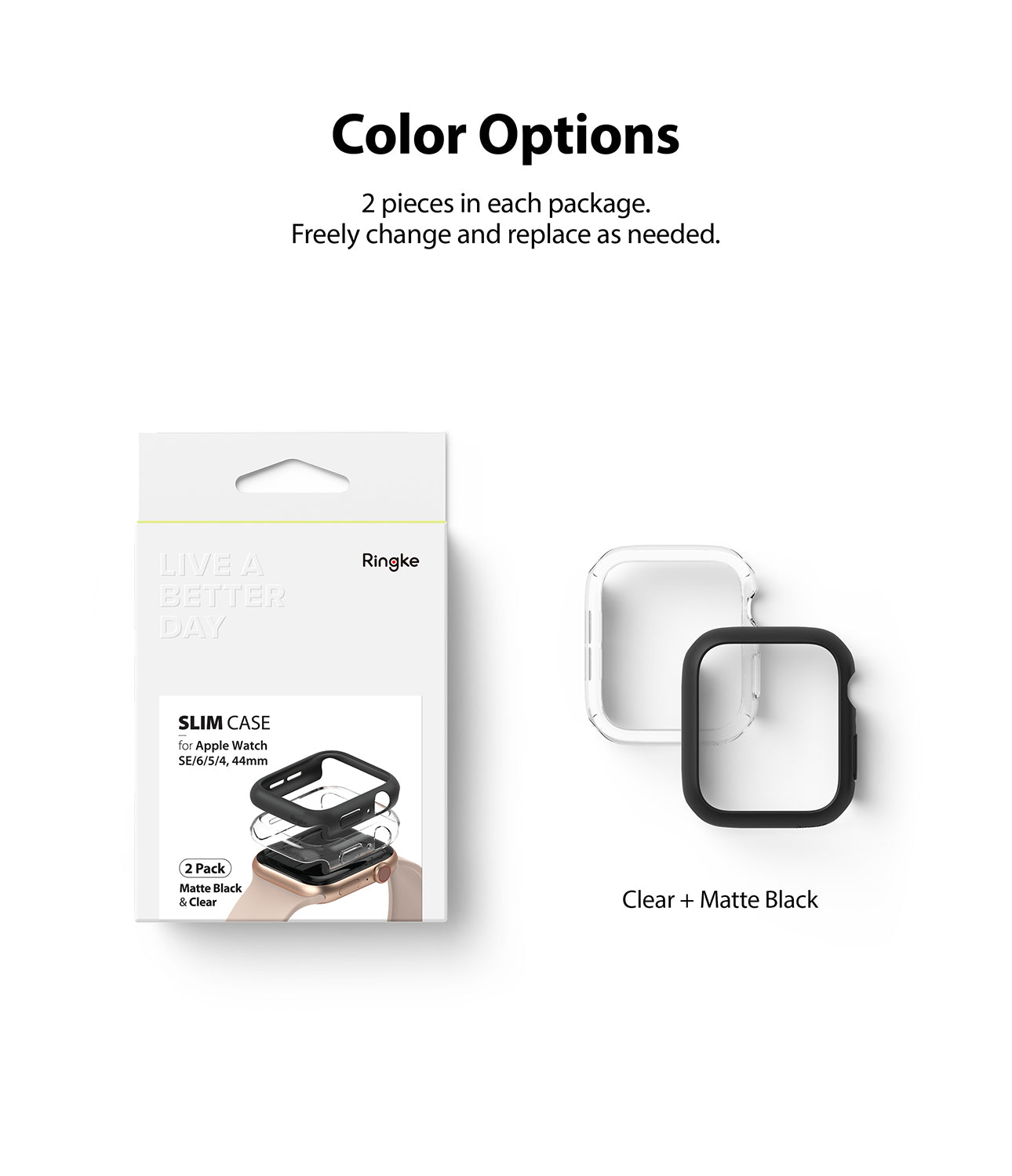 Apple Watch Series 6 / 5 / 4 / SE (44mm) Case | Slim (2 Pack) - Apple Watch Series 6 / 5 / 4 / SE (44mm) Case - Retail packaging and two slim protective cases in clear and matte black.