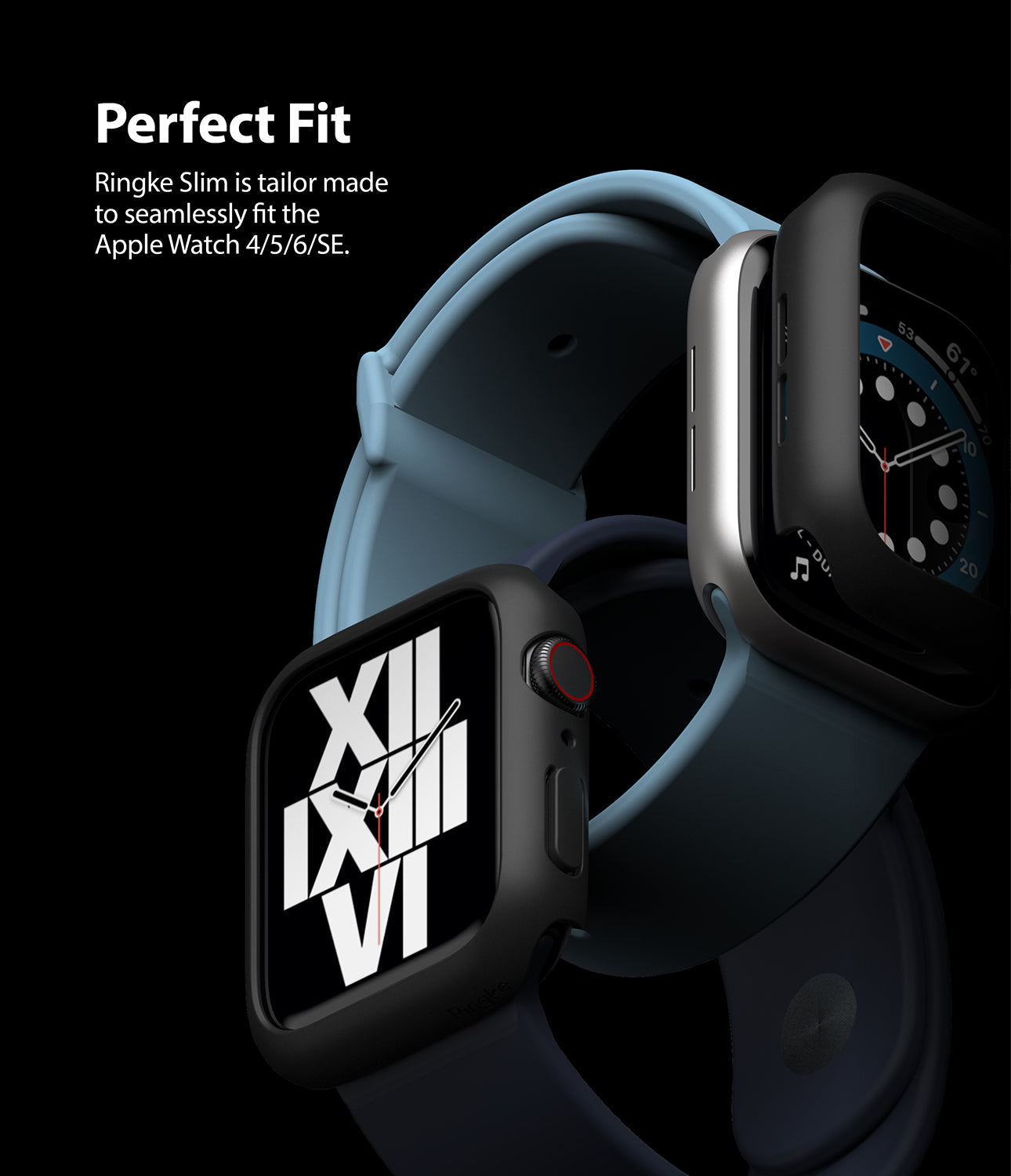 Apple Watch Series 6 / 5 / 4 / SE (44mm) Case | Slim (2 Pack) - Apple Watch Series 6 / 5 / 4 / SE (44mm) Case - Two Apple Watches with slim black protective cases on blue bands.