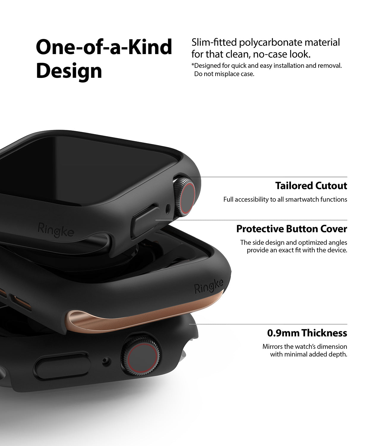 Apple Watch Series 6 / 5 / 4 / SE (44mm) Case | Slim (2 Pack) - Apple Watch Series 6 / 5 / 4 / SE (44mm) Case - Stacked black protective watch cases with cutouts and button covers.