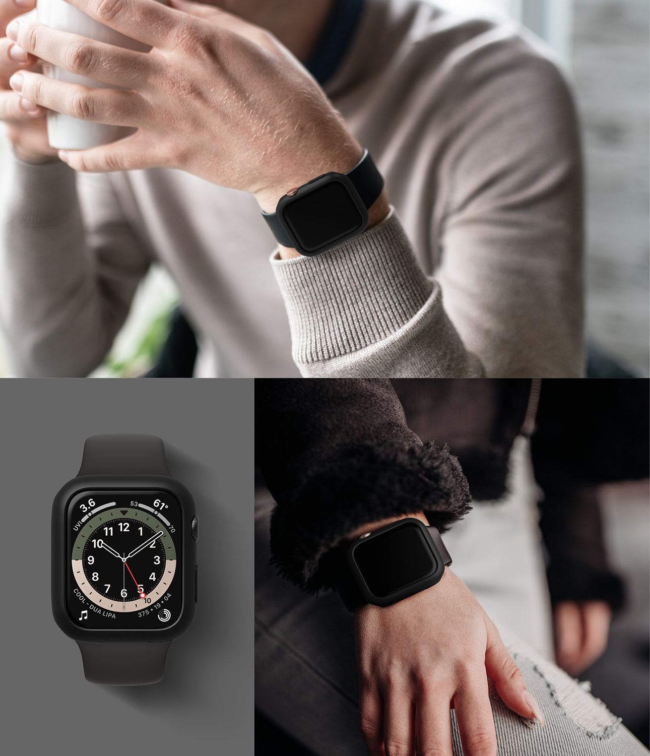 Apple Watch Series 6 / 5 / 4 / SE (44mm) Case | Slim (2 Pack) - Apple Watch Series 6 / 5 / 4 / SE (44mm) Case | Slim (2 Pack) - Black slim protective cases on Apple Watches worn by people.