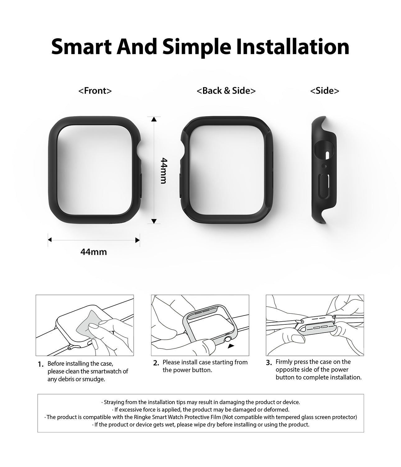 Apple Watch Series 6 / 5 / 4 / SE (44mm) Case | Slim (2 Pack) - Apple Watch Series 6 / 5 / 4 / SE (44mm) Case | Slim (2 Pack) - Diagrams showing 44mm case dimensions and installation steps.