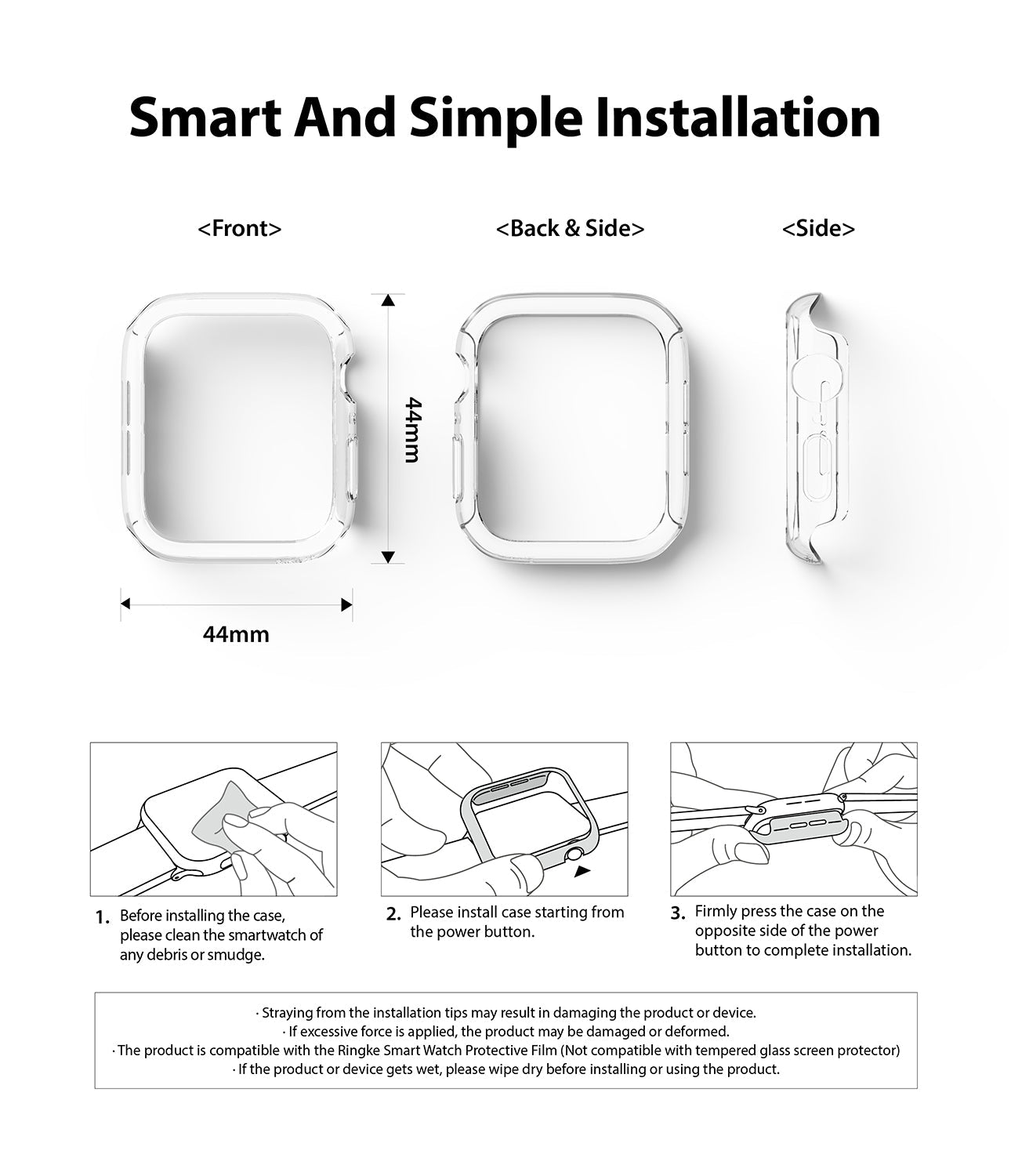 Apple Watch Series 6 / 5 / 4 / SE (44mm) Case | Slim (2 Pack) - Apple Watch Series 6 / 5 / 4 / SE (44mm) Case | Slim (2 Pack) - Clear 44mm watch case views and installation steps.