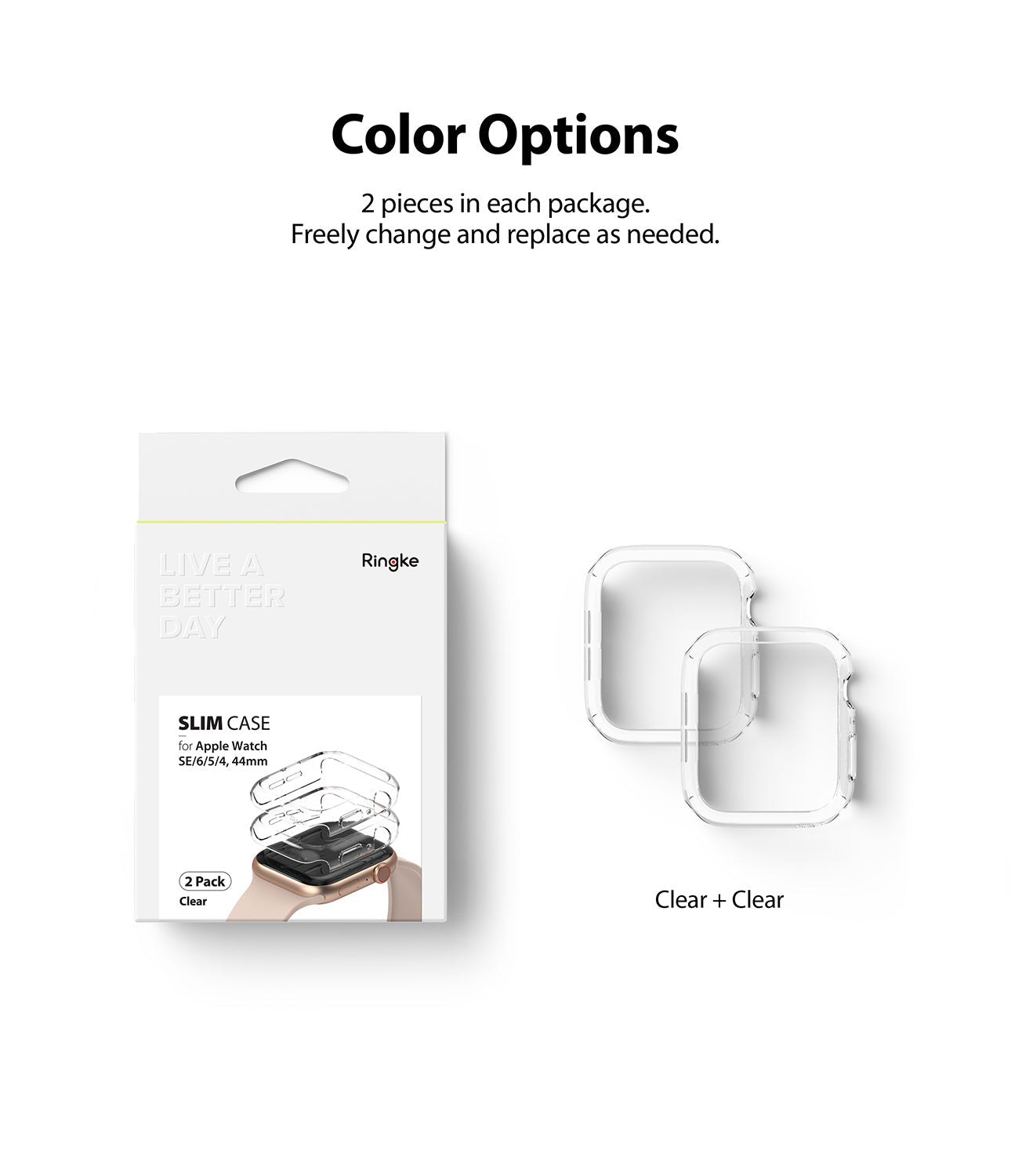 Apple Watch Series 6 / 5 / 4 / SE (44mm) Case | Slim (2 Pack) - Apple Watch Series 6 / 5 / 4 / SE (44mm) Case | Slim (2 Pack) - Two clear protective cases next to their retail packaging.