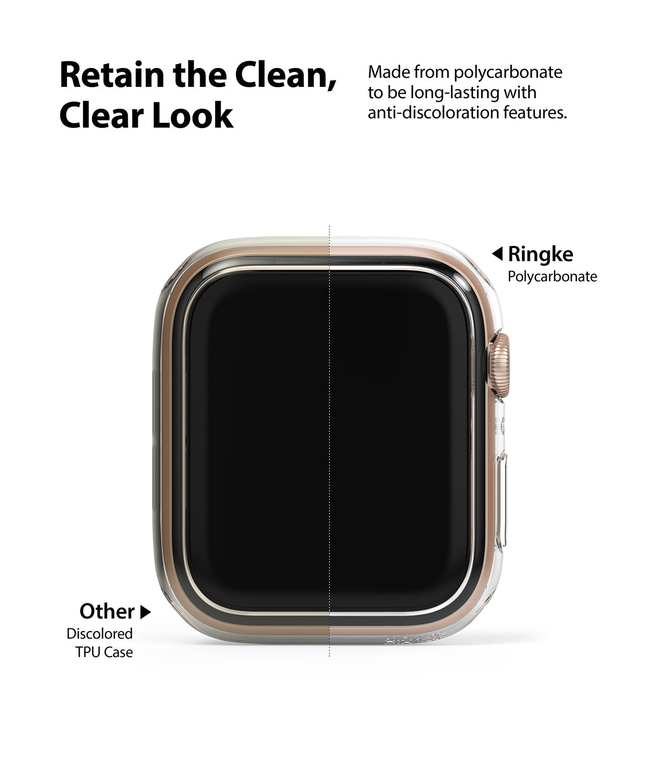 Apple Watch Series 6 / 5 / 4 / SE (44mm) Case | Slim (2 Pack) - Apple Watch Series 6 / 5 / 4 / SE (44mm) Case - Comparison of clear Ringke polycarbonate vs. discolored TPU case.