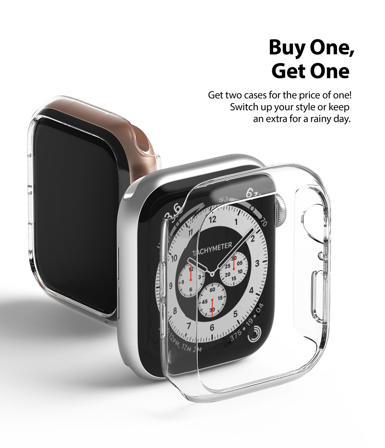 Apple Watch Series 6 / 5 / 4 / SE (44mm) Case | Slim (2 Pack) - Apple Watch Series 6 / 5 / 4 / SE (44mm) Case | Slim (2 Pack) - Two clear protective cases floating near an Apple Watch.