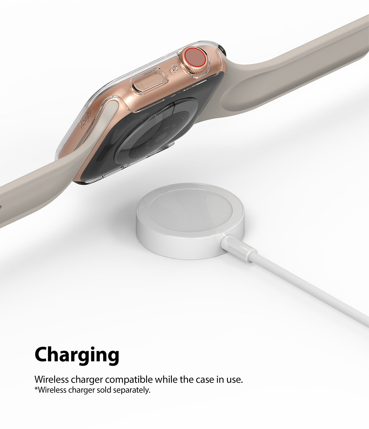 Apple Watch Series 6 / 5 / 4 / SE (44mm) Case | Slim (2 Pack) - Apple Watch Series 6 / 5 / 4 / SE (44mm) Case | Slim (2 Pack) - Rose gold Apple Watch with clear case hovering over charger.