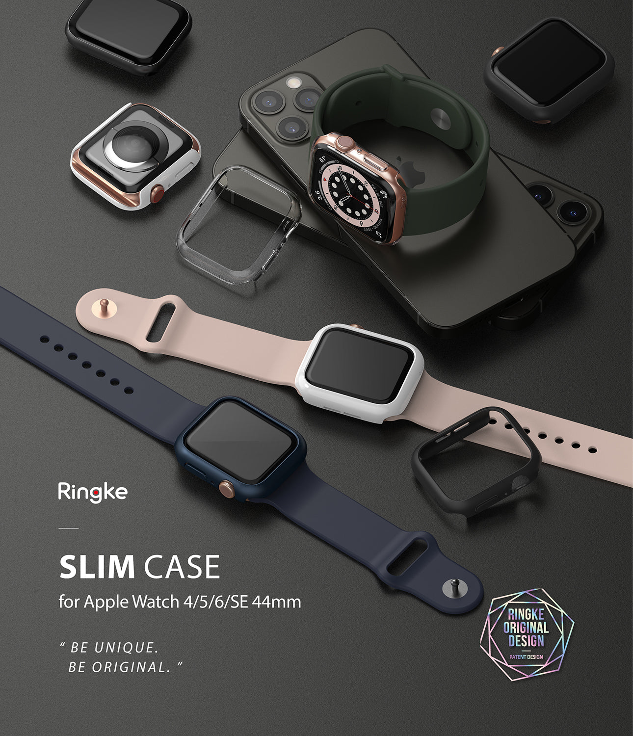 Apple Watch Series 6 / 5 / 4 / SE (44mm) Case | Slim (2 Pack) - Apple Watch Series 6 / 5 / 4 / SE (44mm) Case | Slim (2 Pack) - Apple Watches with protective cases and bands on a desk.