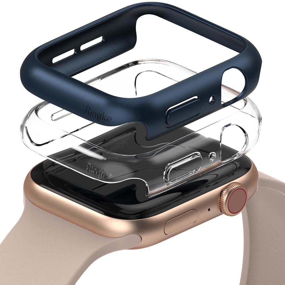 Apple Watch Series 6 / 5 / 4 / SE (44mm) Case | Slim (2 Pack) - Apple Watch Series 6 / 5 / 4 / SE (44mm) Case | Slim (2 Pack) - Navy and clear protective cases stacked above a gold watch.