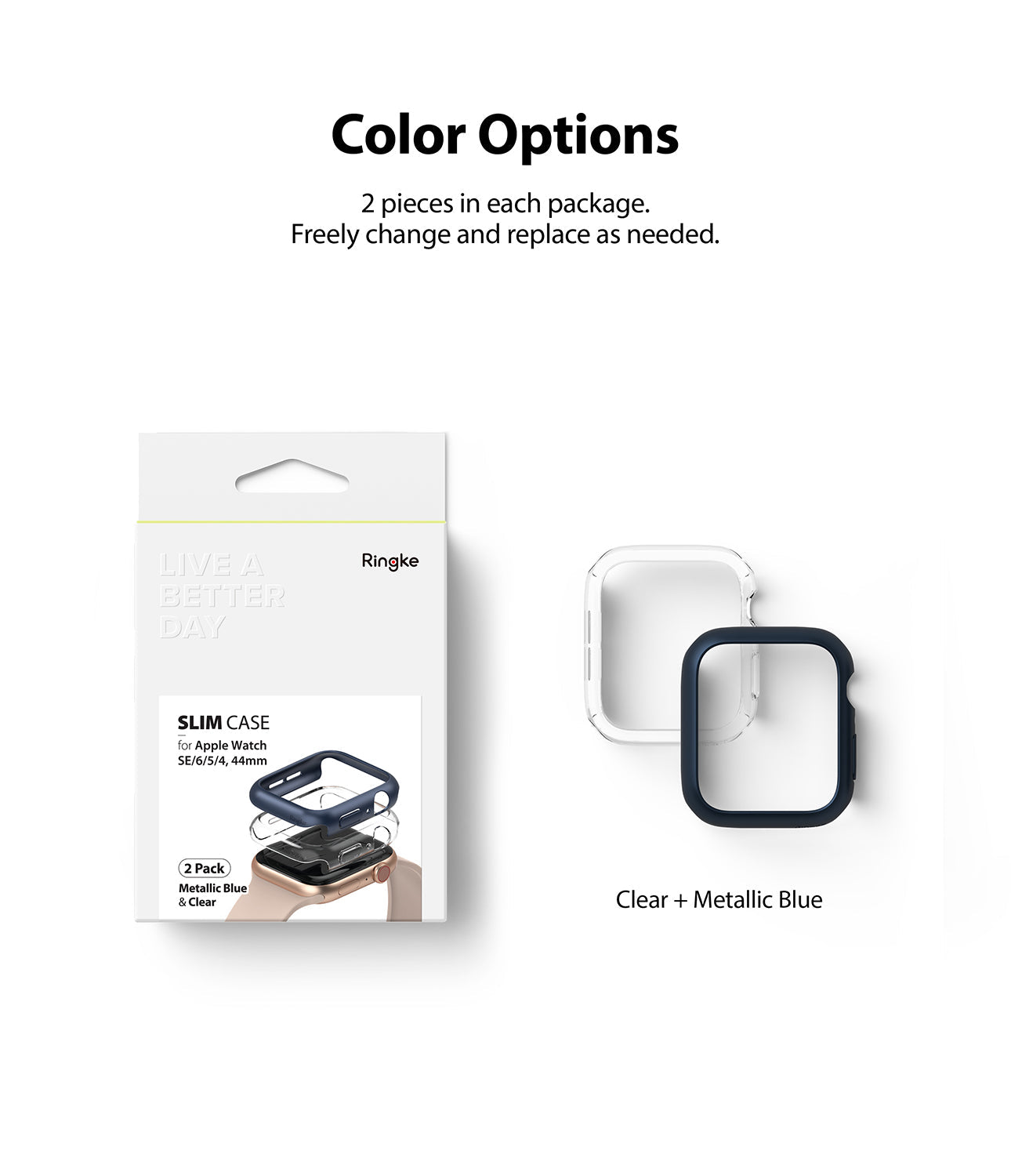Apple Watch Series 6 / 5 / 4 / SE (44mm) Case | Slim (2 Pack) - Apple Watch Series 6 / 5 / 4 / SE (44mm) Case | Slim (2 Pack) - Retail packaging and two watch cases in clear and blue.