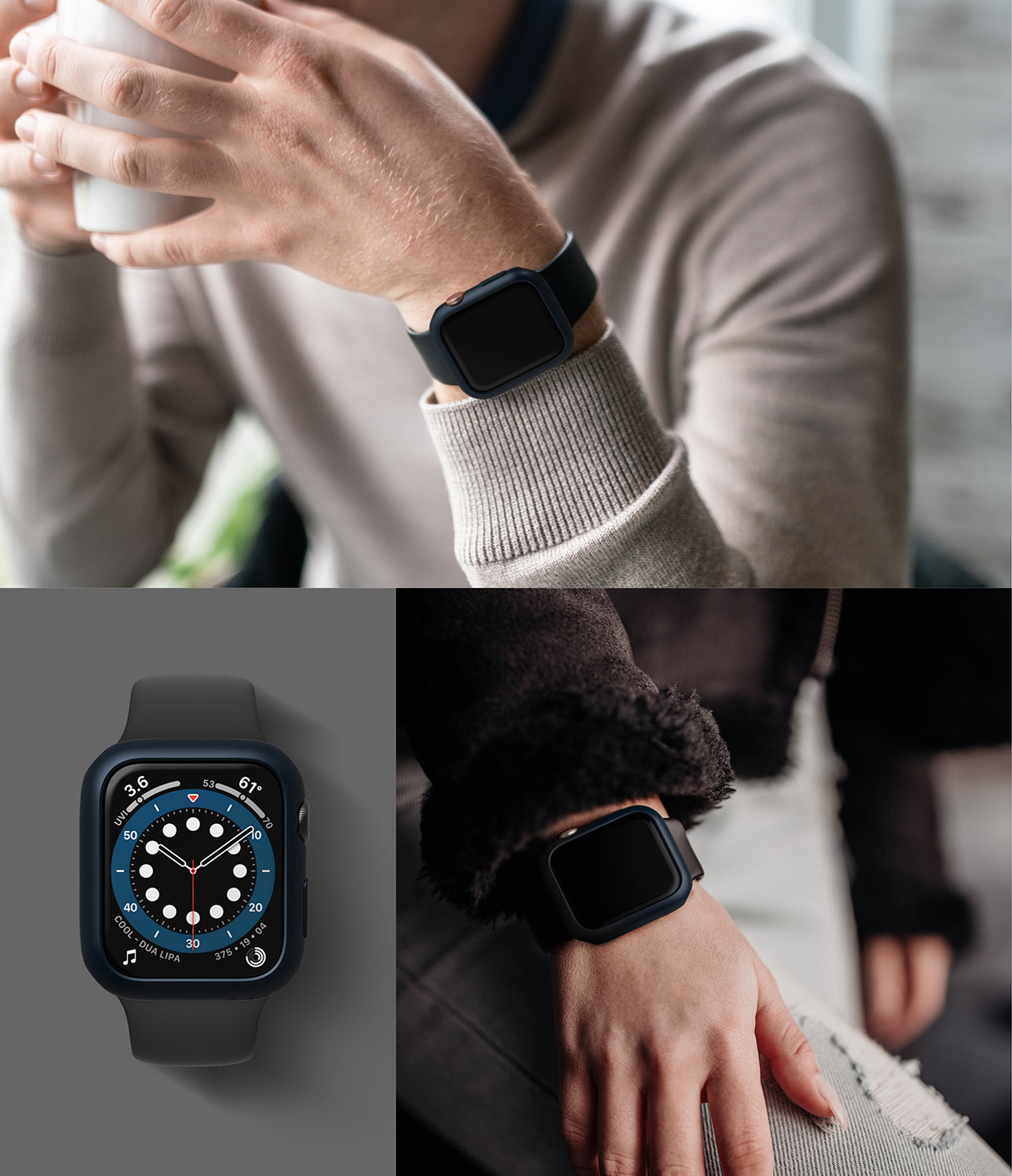 Apple Watch Series 6 / 5 / 4 / SE (44mm) Case | Slim (2 Pack) - Apple Watch Series 6 / 5 / 4 / SE (44mm) Case | Slim (2 Pack) - Matte black protective watch cases worn on wrists.