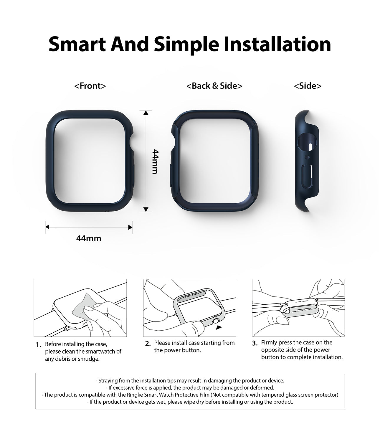 Apple Watch Series 6 / 5 / 4 / SE (44mm) Case | Slim (2 Pack) - Apple Watch Series 6 / 5 / 4 / SE (44mm) Case | Slim (2 Pack) - Three views of a 44mm watch case and installation steps.