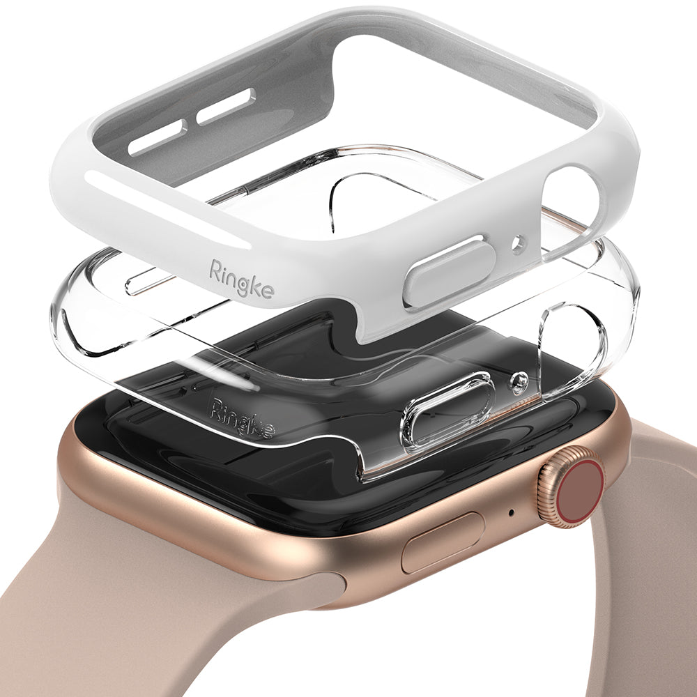 Apple Watch Series 6 / 5 / 4 / SE (44mm) Case | Slim (2 Pack) - Apple Watch Series 6 / 5 / 4 / SE (44mm) Case - Two stacked protective covers, one white and one clear, above a gold watch.