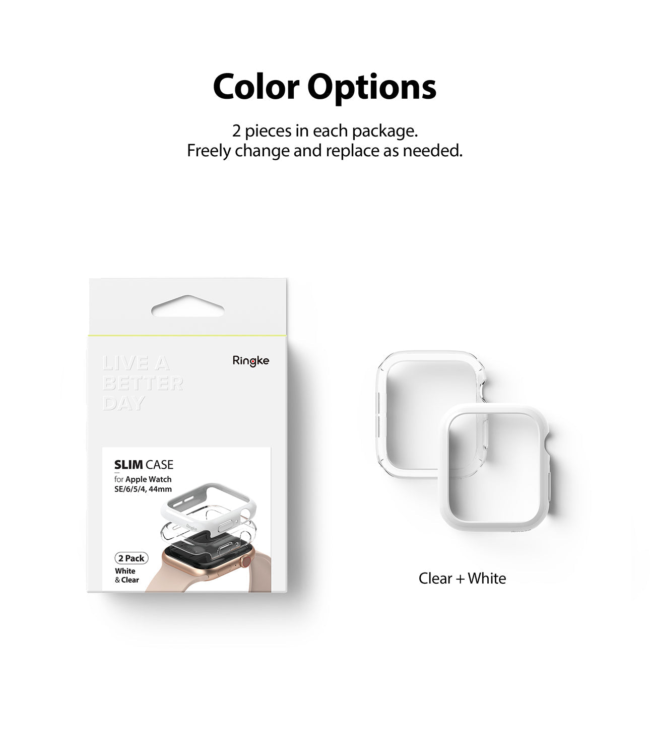 Apple Watch Series 6 / 5 / 4 / SE (44mm) Case | Slim (2 Pack) - Apple Watch Series 6 / 5 / 4 / SE (44mm) Case | Slim (2 Pack) - Retail packaging next to one clear and one white case.